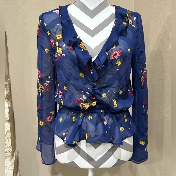 EXPRESS Blue Sheer floral blouse with ruffles, EUC! - Picture 1 of 5